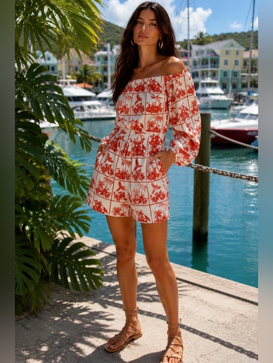 Farm Rio Pants - NWOT Farm Rio x Anthropologie Tropical Off Shoulder Romper XS Pocket Puff Sleeve
